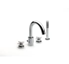 Deck-mounted bath-shower mixer with bath spout, diverter, hand-shower and flexible hose