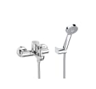 Wall-mounted bath-shower mixer with automatic diverter with retention, 1.70 m flexible shower hose, handshower and swivel wall bracket