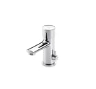 Self-closing deck-mounted basin mixer with aerator, push button, lateral handle for temperature regulation