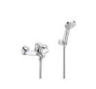 Wall-mounted bath-shower mixer with automatic diverter, hand-shower, 1.70 m metal flexible shower hose and fixed wall bracket